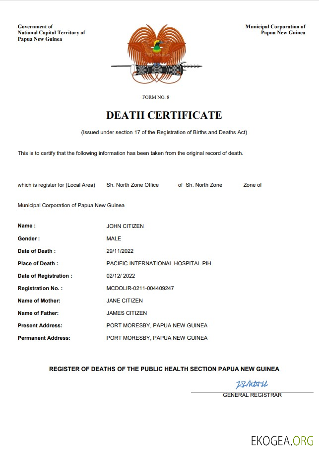 Acte d'état civil de Papouasie Nouvelle Guinée, certificat de décès, modèle Word et PDF